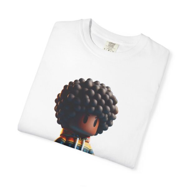T-Shirt | A 3D cartoon character inspired by Roblox, featuring a girl with dark skin and afro-textured hair. The character wears a hoodie with vibrant patterns and holds a game controller - Image 5