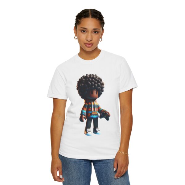 T-Shirt | A 3D cartoon character inspired by Roblox, featuring a girl with dark skin and afro-textured hair. The character wears a hoodie with vibrant patterns and holds a game controller - Image 2