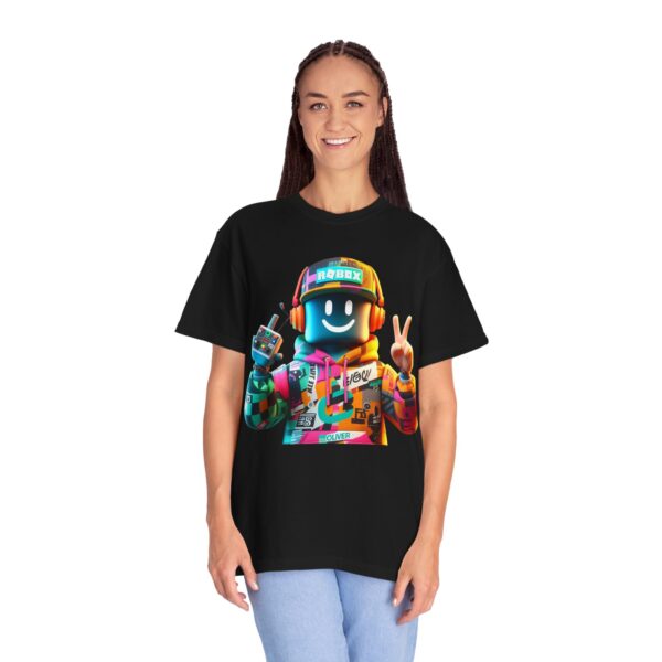 T-Shirt | Urban Roblox Remix A 3D character inspired by classic Roblox avatars, with a vibrant hoodie featuring geometric details and modern textures - Image 2