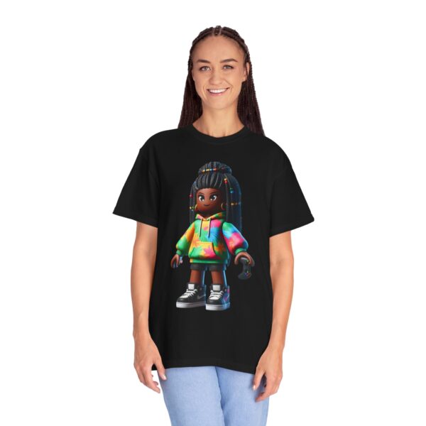 T-Shirt | Unisex A 3D cartoon character inspired by Roblox, featuring a girl with dark skin and braided hair. The character wears a hoodie with vibrant tropical patterns and holds a game controller. - Image 11