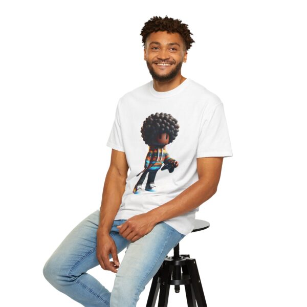 T-Shirt | A 3D cartoon character inspired by Roblox, featuring a girl with dark skin and afro-textured hair. The character wears a hoodie with vibrant patterns and holds a game controller - Image 8