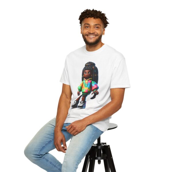 T-Shirt | Unisex A 3D cartoon character inspired by Roblox, featuring a girl with dark skin and braided hair. The character wears a hoodie with vibrant tropical patterns and holds a game controller. - Image 7
