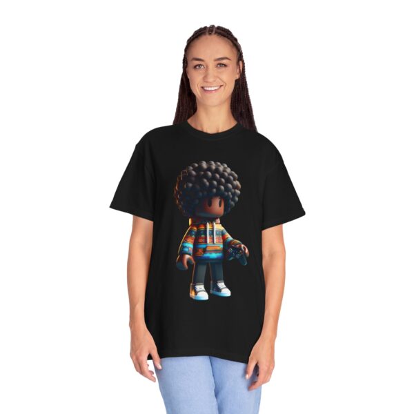 T-Shirt | A 3D cartoon character inspired by Roblox, featuring a girl with dark skin and afro-textured hair. The character wears a hoodie with vibrant patterns and holds a game controller - Image 11