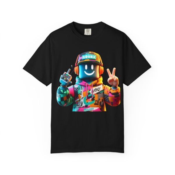 T-Shirt | Urban Roblox Remix A 3D character inspired by classic Roblox avatars, with a vibrant hoodie featuring geometric details and modern textures - Image 3