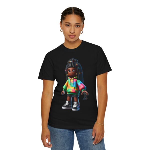 T-Shirt | Unisex A 3D cartoon character inspired by Roblox, featuring a girl with dark skin and braided hair. The character wears a hoodie with vibrant tropical patterns and holds a game controller. - Image 18