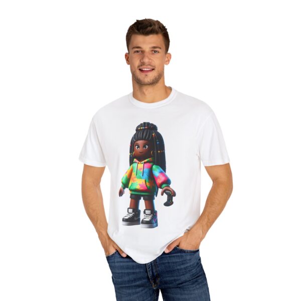 T-Shirt | Unisex A 3D cartoon character inspired by Roblox, featuring a girl with dark skin and braided hair. The character wears a hoodie with vibrant tropical patterns and holds a game controller. - Image 2