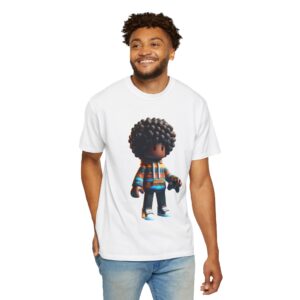 T-Shirt | A 3D cartoon character inspired by Roblox, featuring a girl with dark skin and afro-textured hair. The character wears a hoodie with vibrant patterns and holds a game controller