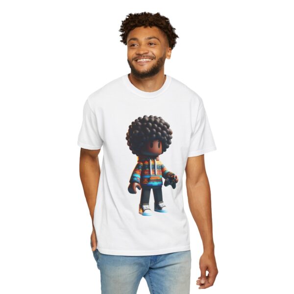 T-Shirt | A 3D cartoon character inspired by Roblox, featuring a girl with dark skin and afro-textured hair. The character wears a hoodie with vibrant patterns and holds a game controller