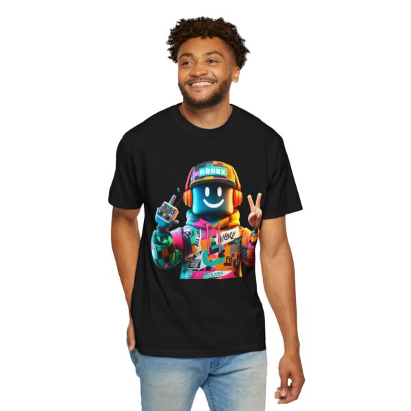 T-Shirt | Urban Roblox Remix A 3D character inspired by classic Roblox avatars, with a vibrant hoodie featuring geometric details and modern textures - Image 6