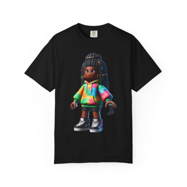 T-Shirt | Unisex A 3D cartoon character inspired by Roblox, featuring a girl with dark skin and braided hair. The character wears a hoodie with vibrant tropical patterns and holds a game controller. - Image 13