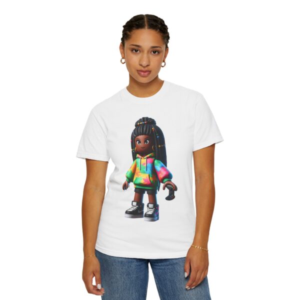T-Shirt | Unisex A 3D cartoon character inspired by Roblox, featuring a girl with dark skin and braided hair. The character wears a hoodie with vibrant tropical patterns and holds a game controller.