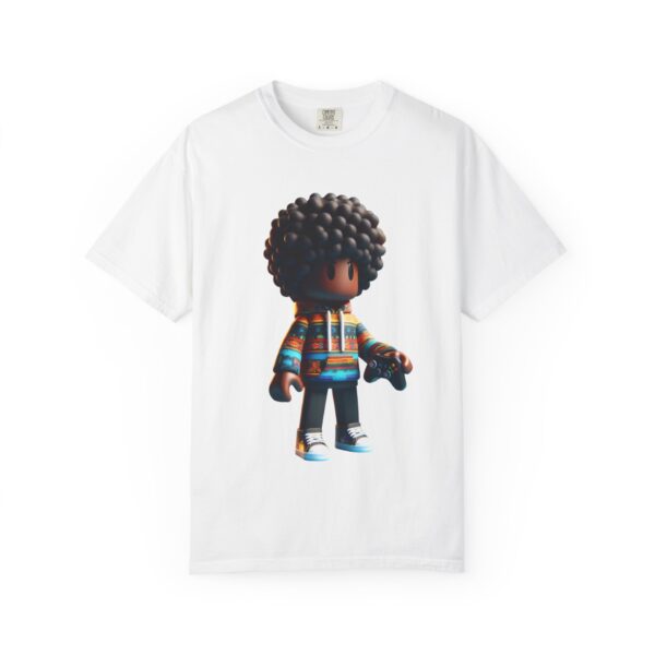 T-Shirt | A 3D cartoon character inspired by Roblox, featuring a girl with dark skin and afro-textured hair. The character wears a hoodie with vibrant patterns and holds a game controller - Image 4