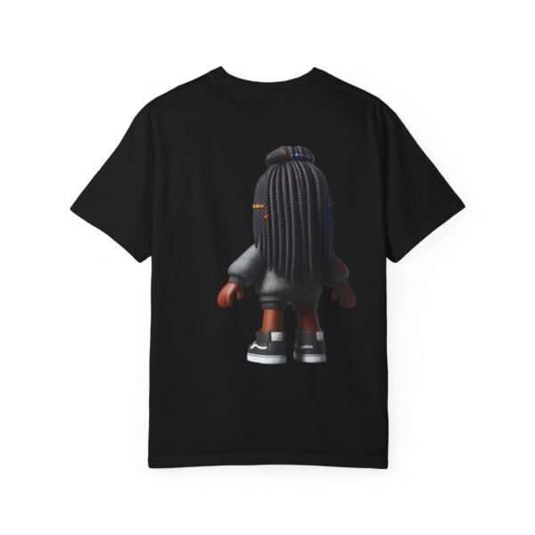T-Shirt | Unisex A 3D cartoon character inspired by Roblox, featuring a girl with dark skin and braided hair. The character wears a hoodie with vibrant tropical patterns and holds a game controller. - Image 14