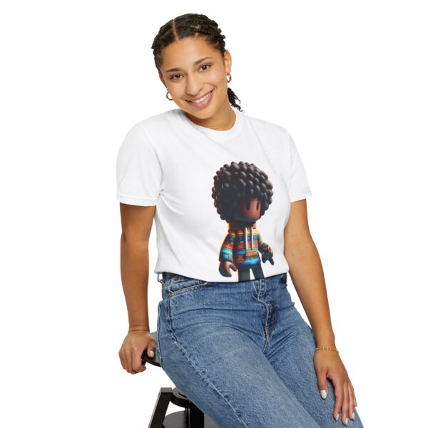 T-Shirt | A 3D cartoon character inspired by Roblox, featuring a girl with dark skin and afro-textured hair. The character wears a hoodie with vibrant patterns and holds a game controller - Image 6