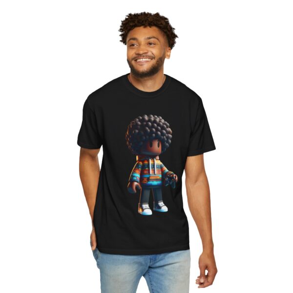T-Shirt | A 3D cartoon character inspired by Roblox, featuring a girl with dark skin and afro-textured hair. The character wears a hoodie with vibrant patterns and holds a game controller - Image 16