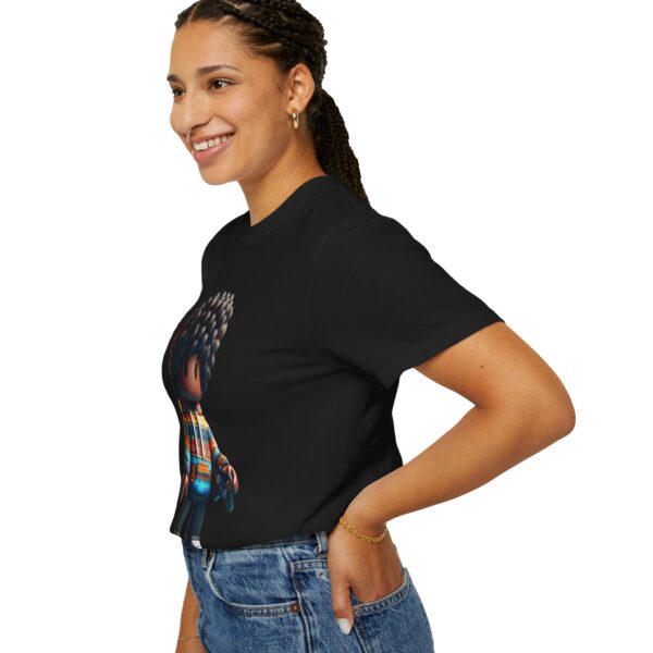 T-Shirt | A 3D cartoon character inspired by Roblox, featuring a girl with dark skin and afro-textured hair. The character wears a hoodie with vibrant patterns and holds a game controller - Image 17