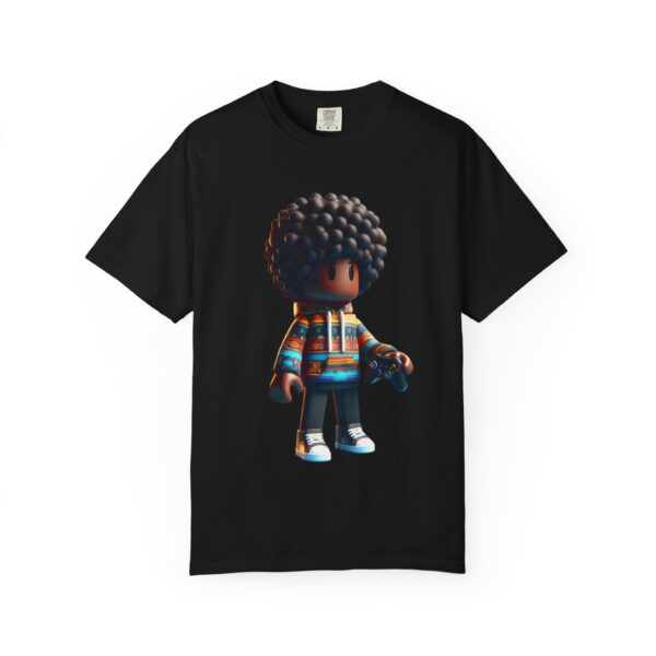 T-Shirt | A 3D cartoon character inspired by Roblox, featuring a girl with dark skin and afro-textured hair. The character wears a hoodie with vibrant patterns and holds a game controller - Image 13