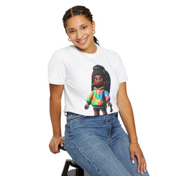 T-Shirt | Unisex A 3D cartoon character inspired by Roblox, featuring a girl with dark skin and braided hair. The character wears a hoodie with vibrant tropical patterns and holds a game controller. - Image 5