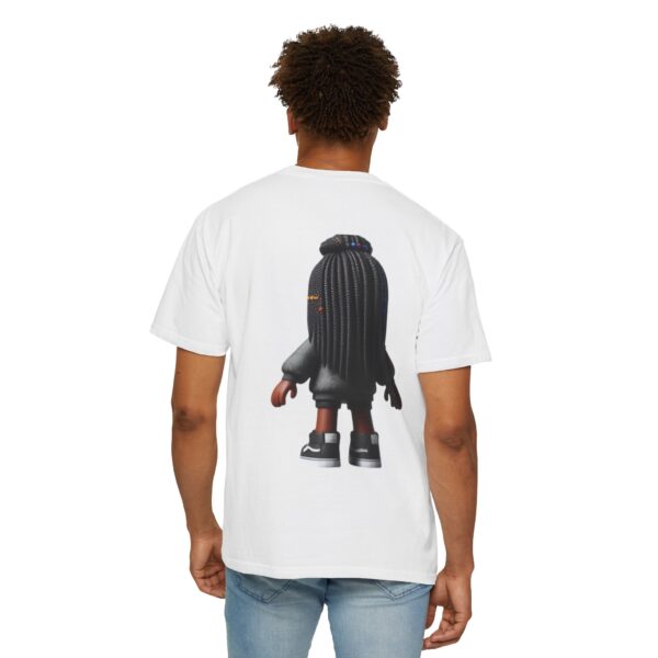 T-Shirt | Unisex A 3D cartoon character inspired by Roblox, featuring a girl with dark skin and braided hair. The character wears a hoodie with vibrant tropical patterns and holds a game controller. - Image 6
