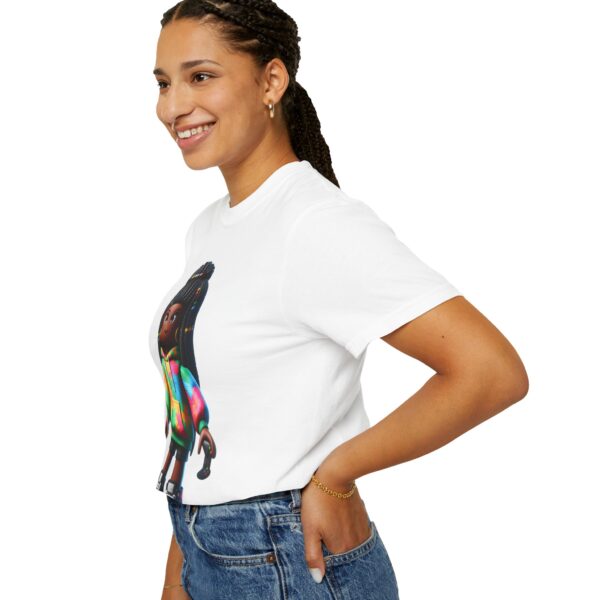 T-Shirt | Unisex A 3D cartoon character inspired by Roblox, featuring a girl with dark skin and braided hair. The character wears a hoodie with vibrant tropical patterns and holds a game controller. - Image 10