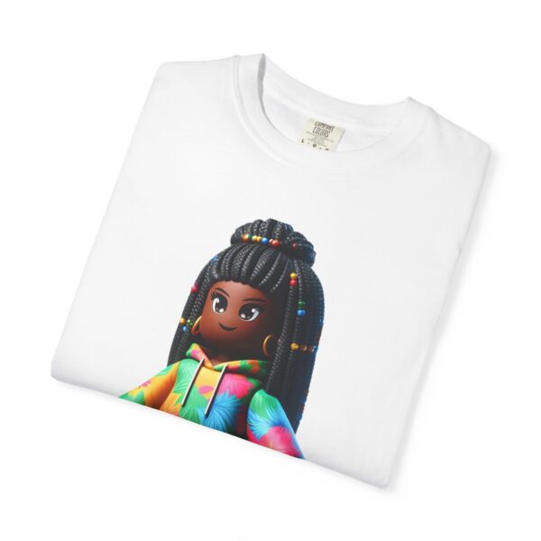 T-Shirt | Unisex A 3D cartoon character inspired by Roblox, featuring a girl with dark skin and braided hair. The character wears a hoodie with vibrant tropical patterns and holds a game controller. - Image 4