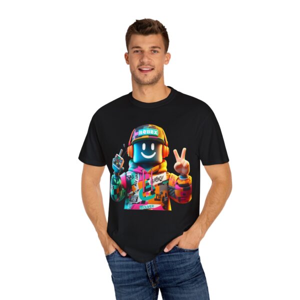 T-Shirt | Urban Roblox Remix A 3D character inspired by classic Roblox avatars, with a vibrant hoodie featuring geometric details and modern textures