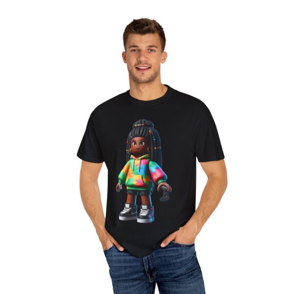T-Shirt | Unisex A 3D cartoon character inspired by Roblox, featuring a girl with dark skin and braided hair. The character wears a hoodie with vibrant tropical patterns and holds a game controller. - Image 12
