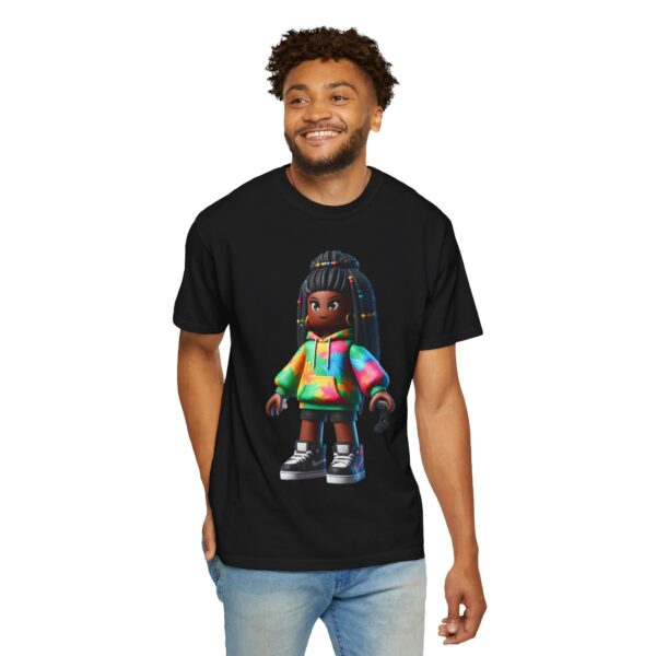 T-Shirt | Unisex A 3D cartoon character inspired by Roblox, featuring a girl with dark skin and braided hair. The character wears a hoodie with vibrant tropical patterns and holds a game controller. - Image 16