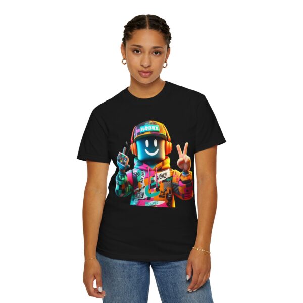 T-Shirt | Urban Roblox Remix A 3D character inspired by classic Roblox avatars, with a vibrant hoodie featuring geometric details and modern textures - Image 8
