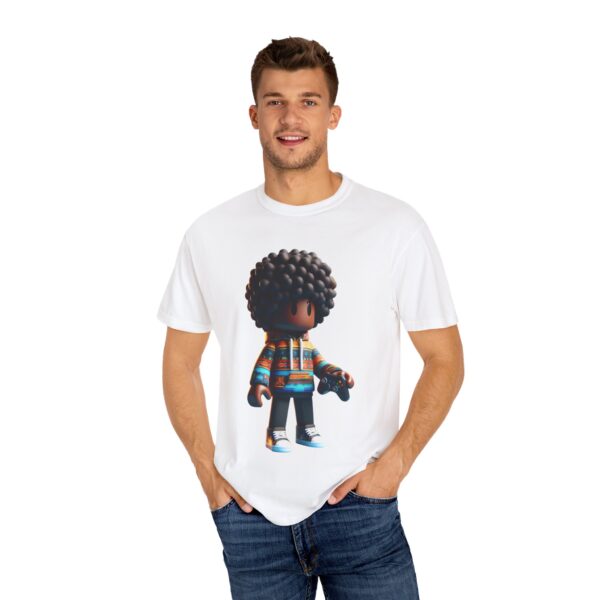 T-Shirt | A 3D cartoon character inspired by Roblox, featuring a girl with dark skin and afro-textured hair. The character wears a hoodie with vibrant patterns and holds a game controller - Image 3