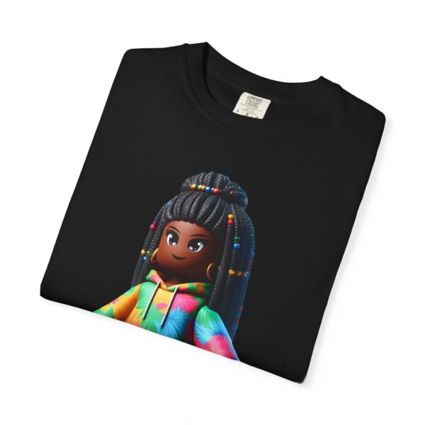 T-Shirt | Unisex A 3D cartoon character inspired by Roblox, featuring a girl with dark skin and braided hair. The character wears a hoodie with vibrant tropical patterns and holds a game controller. - Image 15