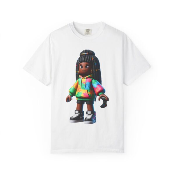 T-Shirt | Unisex A 3D cartoon character inspired by Roblox, featuring a girl with dark skin and braided hair. The character wears a hoodie with vibrant tropical patterns and holds a game controller. - Image 3