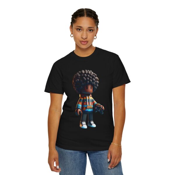 T-Shirt | A 3D cartoon character inspired by Roblox, featuring a girl with dark skin and afro-textured hair. The character wears a hoodie with vibrant patterns and holds a game controller - Image 18