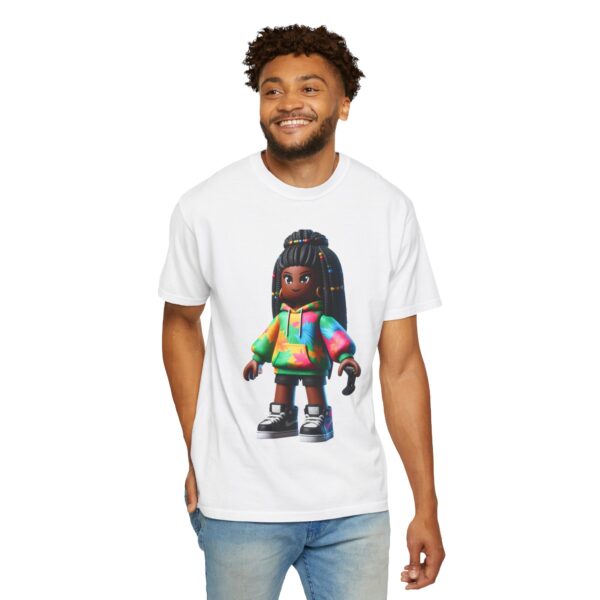 T-Shirt | Unisex A 3D cartoon character inspired by Roblox, featuring a girl with dark skin and braided hair. The character wears a hoodie with vibrant tropical patterns and holds a game controller. - Image 8